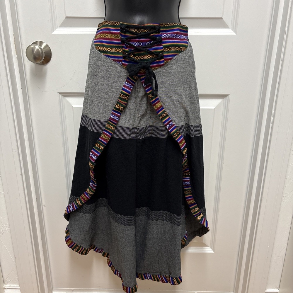 Boho Hippie Patchwork Wrap Skirt Gray Black Asymmetrical Hem Festival Gypsy‎